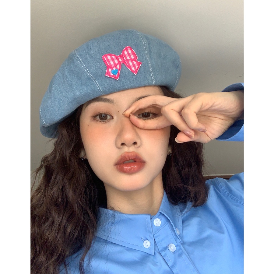 [Pink Bowknot] Mũ Nồi Denim Họa Sĩ Dễ Thương Ngọt Ngào Dễ Phối Đồ Cho Nữ