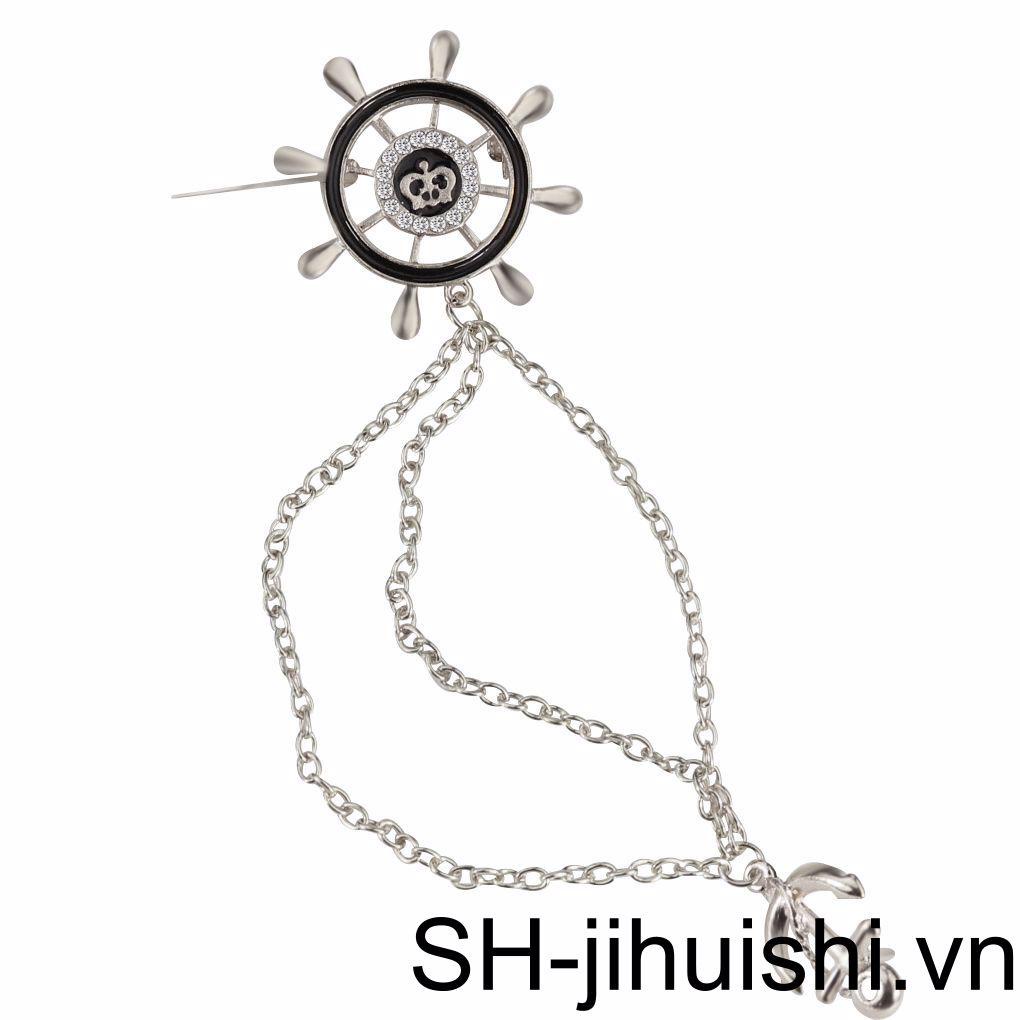 Trâm Cài Áo Dây Xích Hình Bánh Lái Phối Tua Rua Tráng Men Màu Xanh Navy Làm Quà Tặng Cho