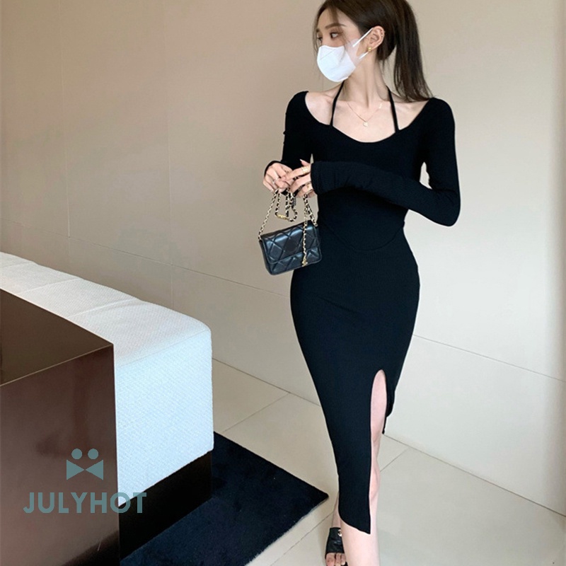 Mát mẻ dây ren-up rắn màu đen dài tay áo ăn mặc của phụ nữ sild Slit Slim Midi Dress VN