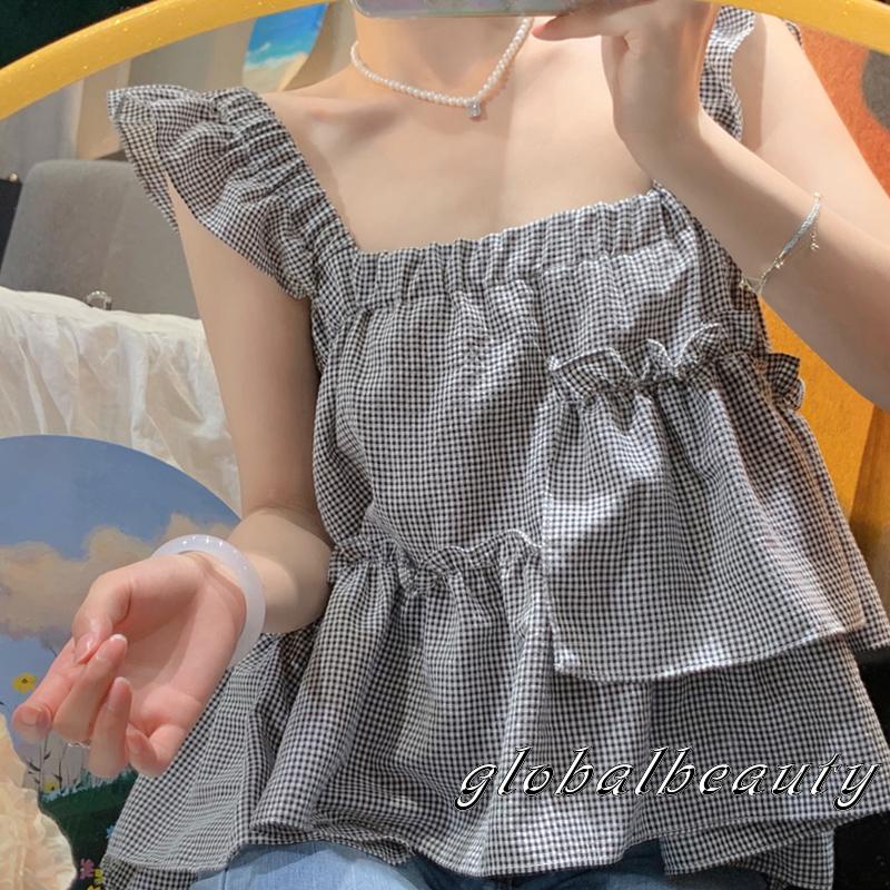 Áo Croptop Tay Phồng Họa Tiết Sọc Caro Ngọt Ngào Thời Trang Mùa Hè Cho Nữ