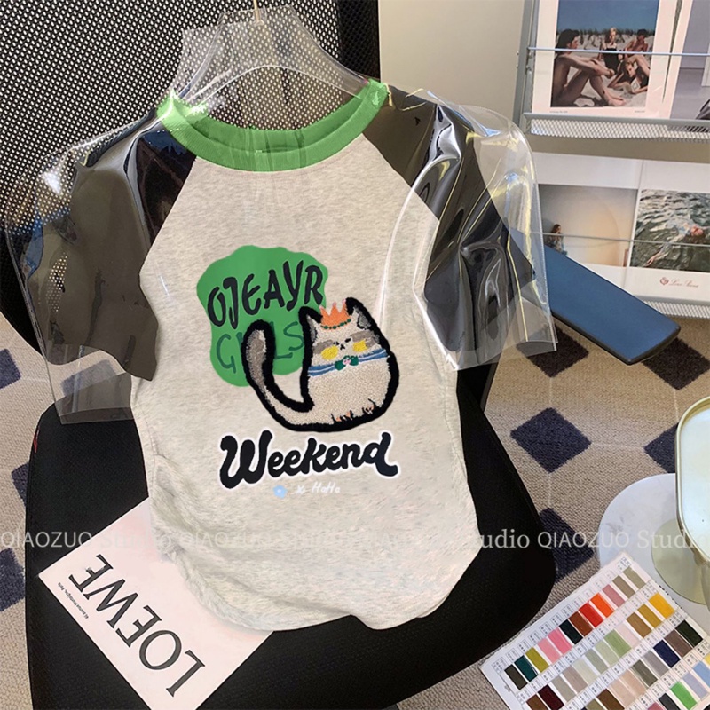 Áo Thun Tay Ngắn Chất Liệu Cotton Co Giãn Tốt Thêu Họa Tiết 210g Màu Sắc Tương Phản Thời Trang Cho Nữ
