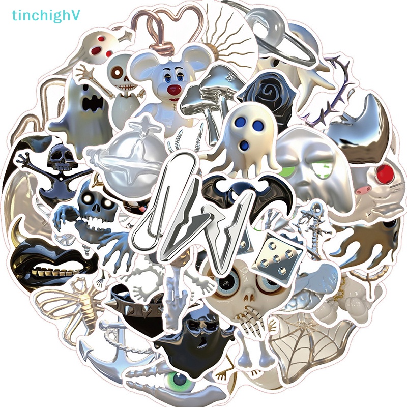 [TinchighV] Set 50 Nhãn Dán Trang Trí Hình Đầu Lâu Kinh Dị Màu Bạc Cho Xe Hơi / Guitar / Laptop / Điện Thoại / Tủ Lạnh