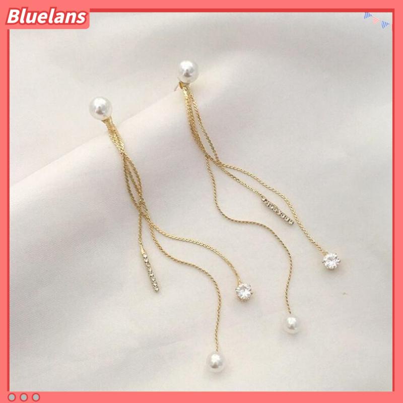 Bông Tai Chuỗi Ngọc Trai Dáng Dài Đính Đá Phối Tua Rua Thanh Lịch