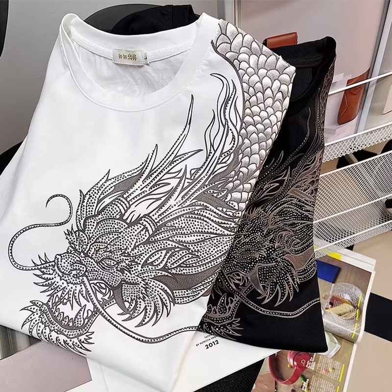 Áo thun HANLU cotton tay lỡ in họa tiết rồng thoải mái thoáng khí cho nam