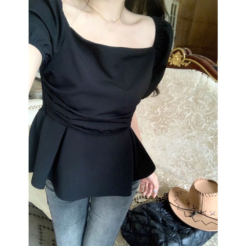 Áo Sơ Mi Ngắn Cổ Vuông Ôm Eo Phong Cách Pháp Thời Trang Cho Nữ