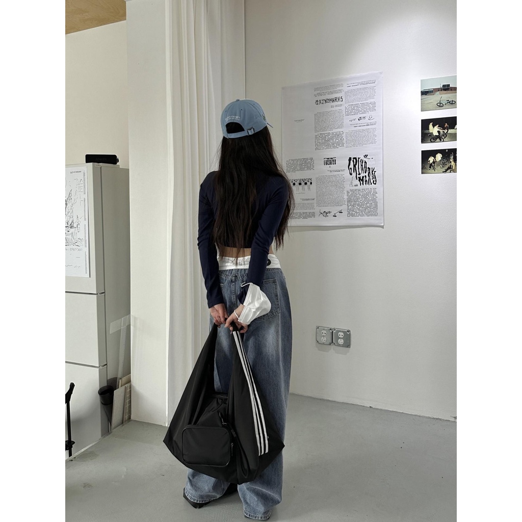 Quần Jean Nữ Ống Rộng Lưng Cao Phong Cách Đường Phố Mỹ Cá Tính