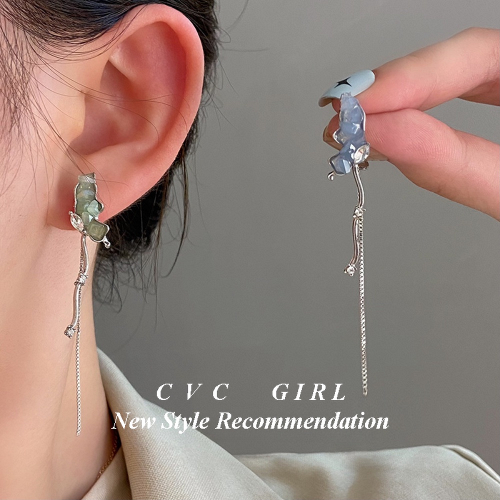 Phong cách Trung Quốc phong cách mới bạc kim linh động stereo bướm khảm pha lê dài liu bông tai nhỏ tươi mát sen hệ thiếu nữ cảm giác tai trang sức