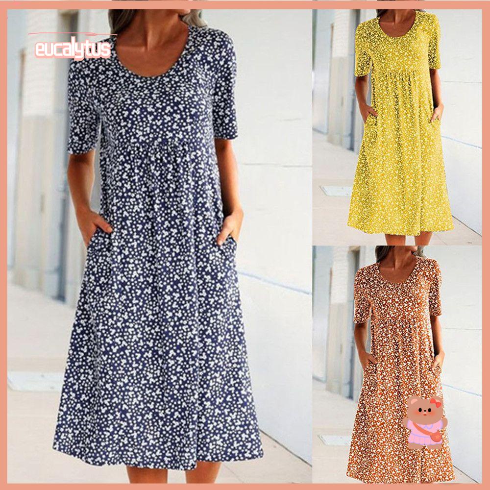 EUTUS Đầm Midi Ngắn Tay Plus Size Phong Cách Boho Cho Nữ