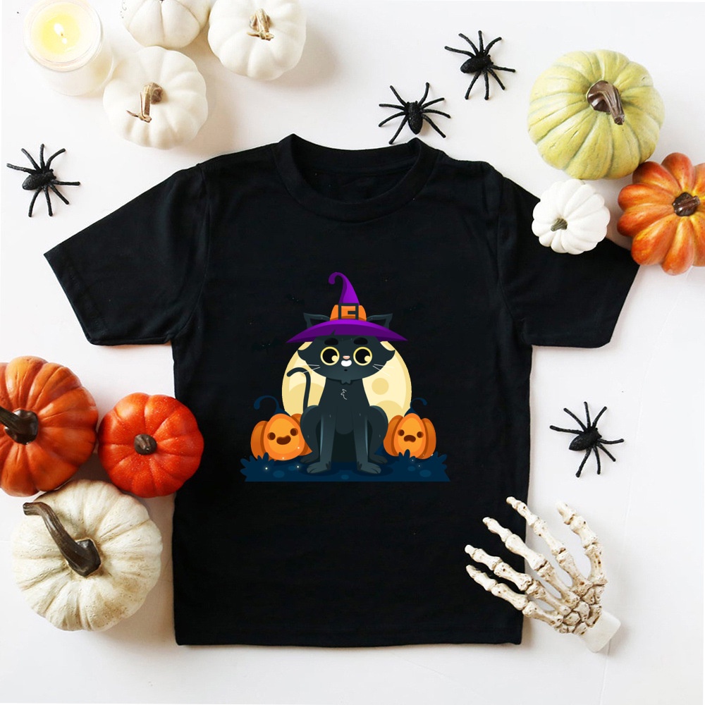 Halloween Áo Thun Thường Ngày Bé Trai Bé Gái Đen Tay Ngắn Cổ Tròn Halloween Bí Ngô Mèo In Hình Halloween Đảng Quần Áo