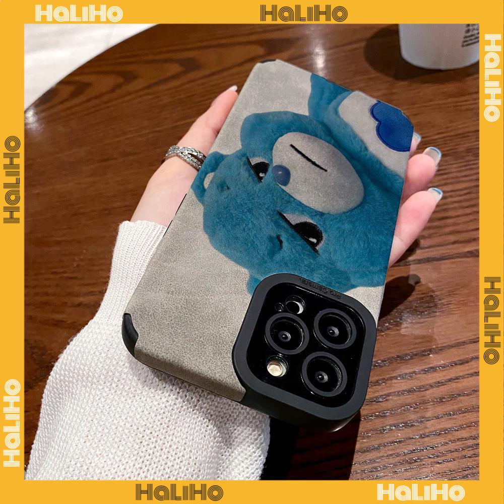 Ốp Lưng iPhone 11 Vỏ Da Veneer Màu Xám Vỏ Lông Học Trò Vỏ Mềm Chống Sốc Hình Gấu Xanh Dễ Thương Tương thích với iPhone 14 Pro max 13 Pro max 12 Pro Max XR XS 6Plus 7Plus 8Plus