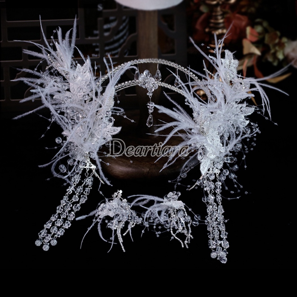 Mới Băng Đô Cài Tóc Hình Vương Miện Đính Lông Vũ Cho Cô Dâu