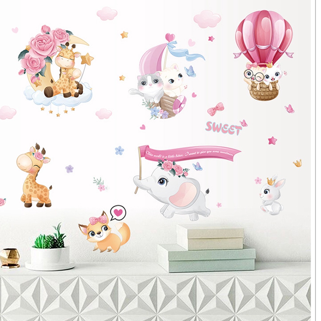 1 Set Sticker Dán Tường Họa Tiết Bong Bóng Động Vật Hoạt Hình Bằng PVC Trang Trí Phòng Bé