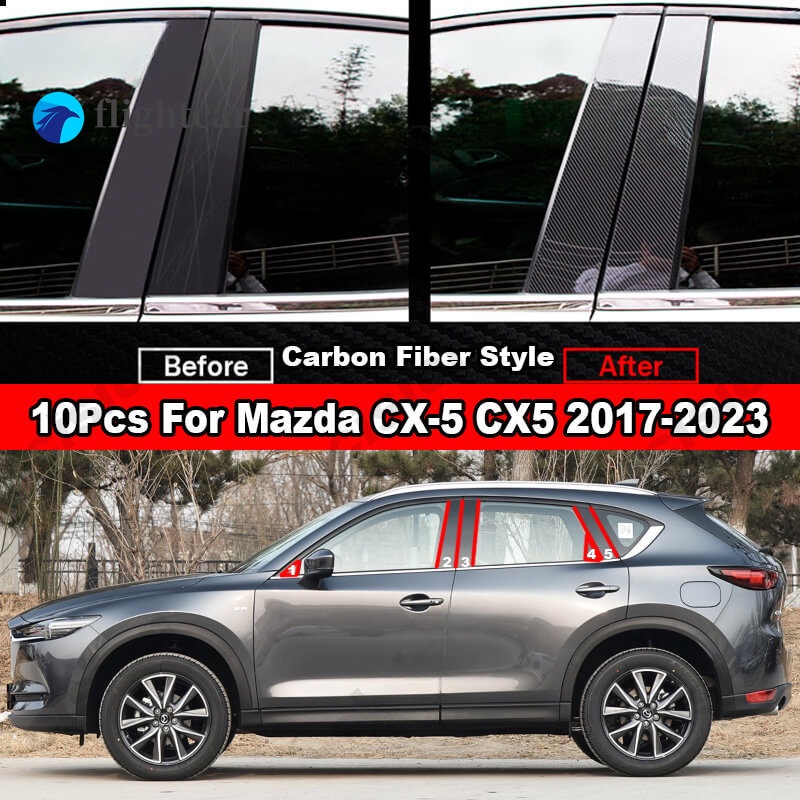 Bộ 10 Miếng Dán Trang Trí Cửa Sổ Xe Hơi Mazda CX5 CX-5 2017-2023 Chất Liệu PC Màu Đen Họa Tiết Sợi Carbon