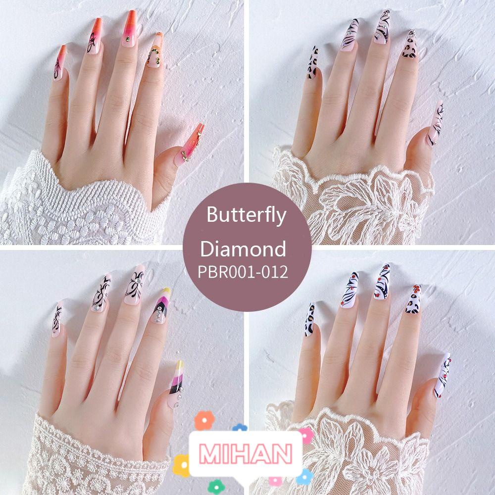 MIHAN1 Bộ 24 Móng Tay Giả Che Phủ Toàn Diện Họa Tiết Bướm Xinh Xắn MIHAN1