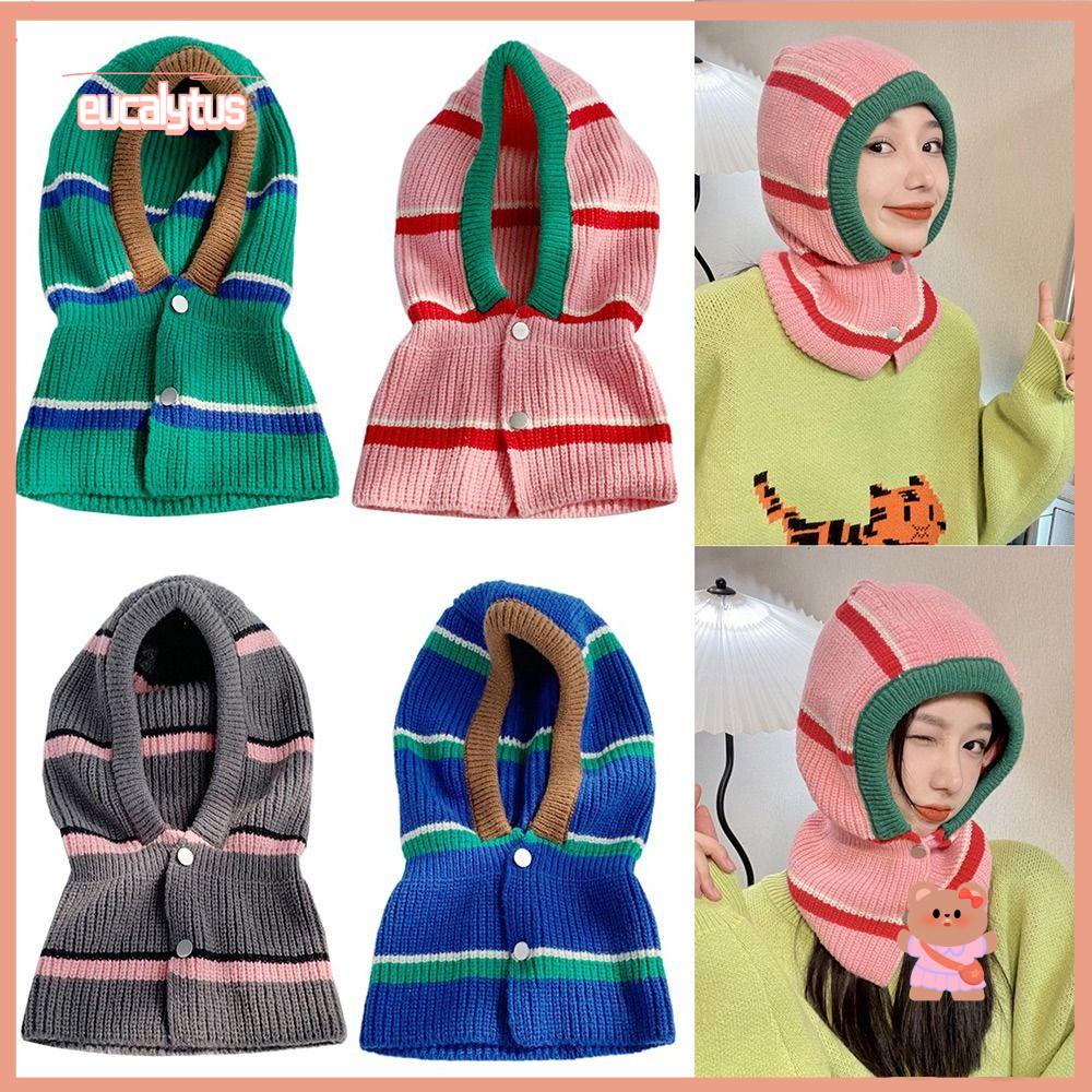 EUTUS Mũ Trùm Đầu Kiêm Khăn Choàng Cổ Kẻ Sọc Nhiều Màu Chống Gió Thời Trang