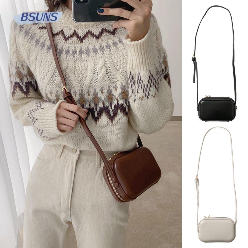 Túi Đeo Chéo Mini Bằng Da Có Khóa Kéo Đôi Màu Trơn Phong Cách Retro Cho Nữ