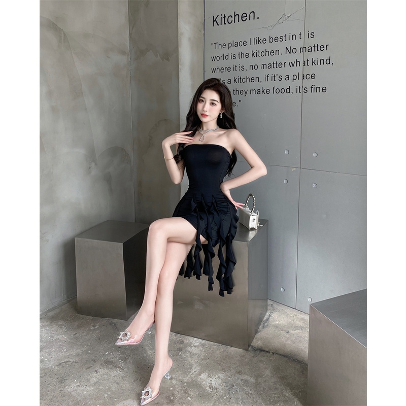 ~ ~ Đầm Ôm Dáng Phối Ren Tua Rua Gợi Cảm Ngọt Ngào Phong Cách Mới