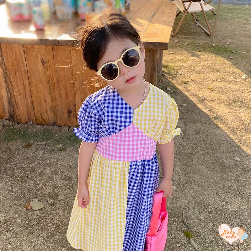 Đầm Công Chúa Tay Ngắn Phồng Cổ Chữ V In Họa Tiết Caro Thời Trang Mùa Hè Hàn Quốc Cho Bé Gái