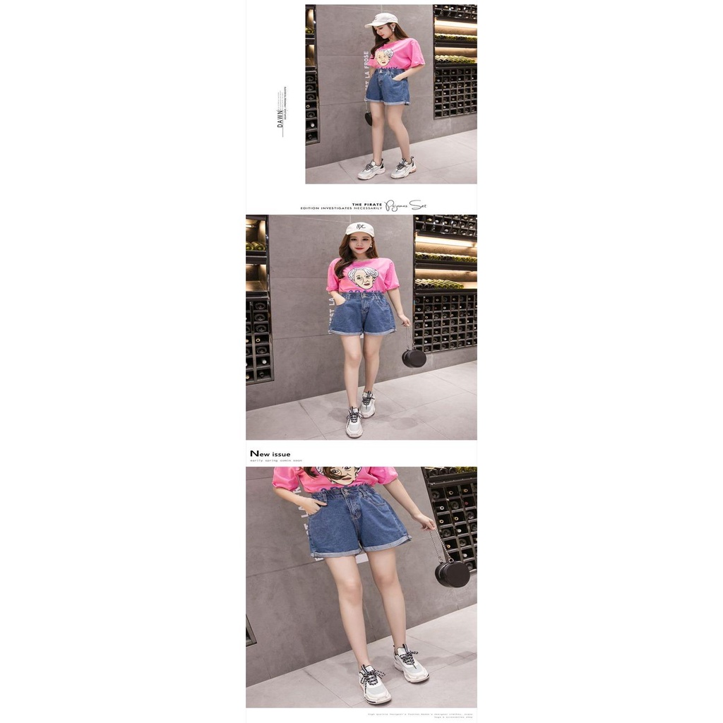 Quần Short Denim Lưng Thun Cao Ống Rộng Thời Trang Nữ Plus Size 100kg