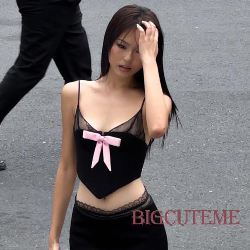 [] - Áo Crop Top Phối Lưới In Hoa Thắt Nơ Tương Phản Co Giãn Cho Nữ Đen
