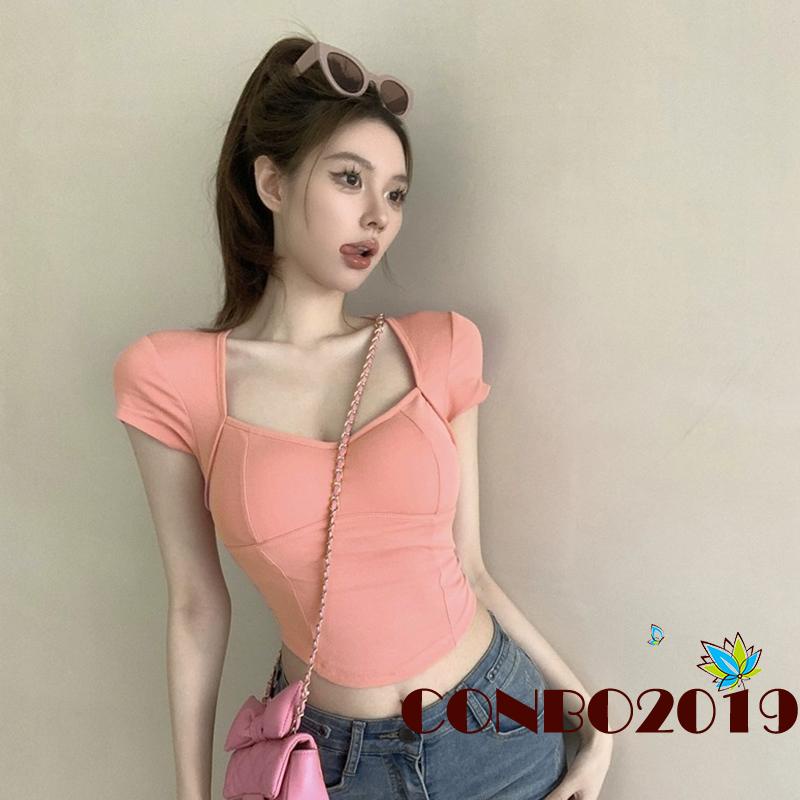 Áo Thun Lửng Tay Ngắn Hở Lưng Màu Trơn Thời Trang Mùa Hè Cho Nữ