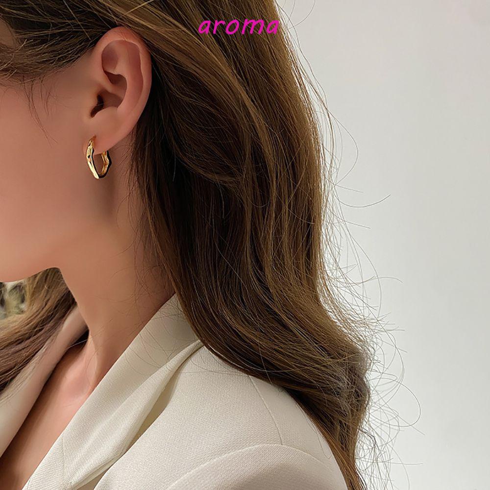 AROMA Khuyên Tai Tròn Không Đối Xứng Màu Sắc Tối Giản Bằng Đồng Cho Nữ