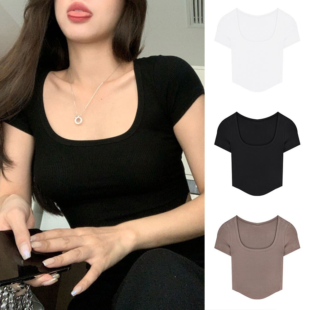 Áo Croptop Tay Ngắn Màu Trơn Thời Trang Hàn Quốc Cho Nữ
