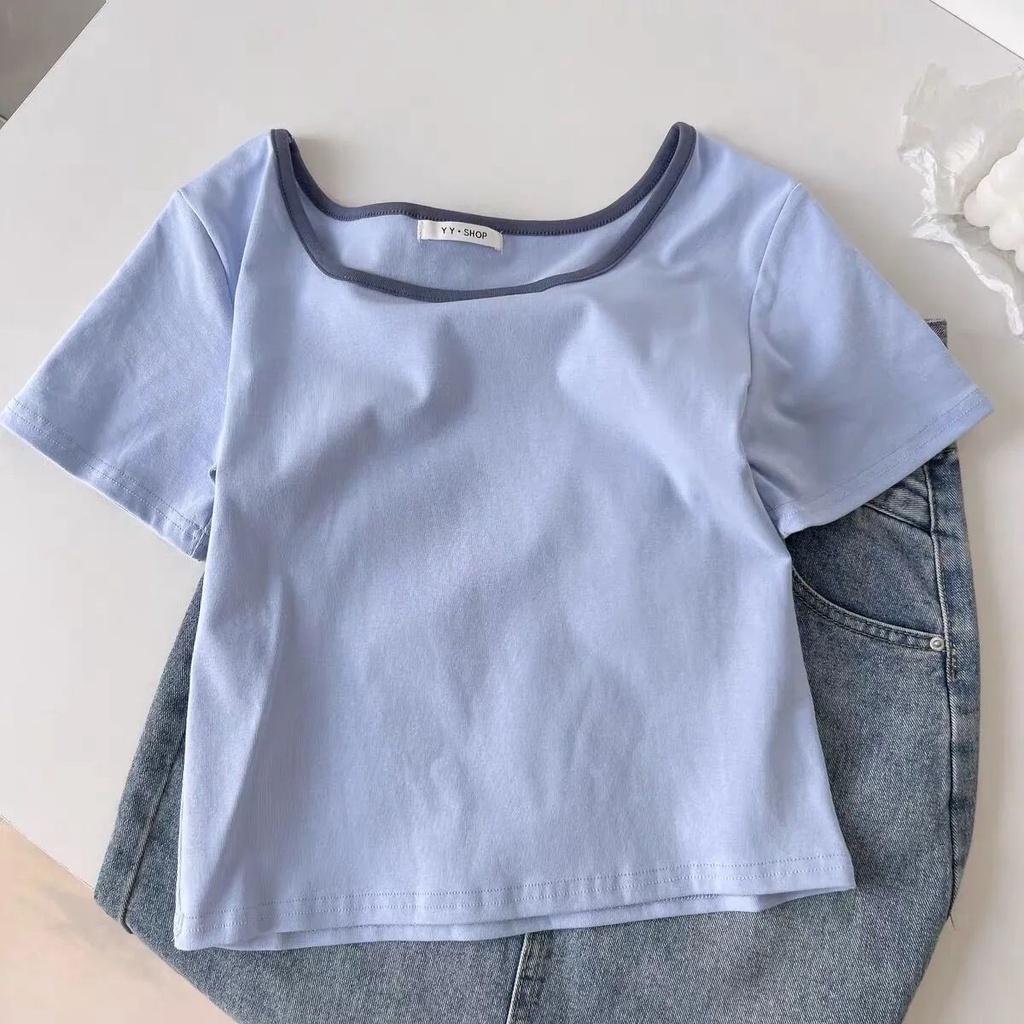 Áo Thun Tay Ngắn Cổ Vuông Thiết Kế Mỏng Thời Trang Mùa Hè Hàng Mới 2023 Dành Cho Bạn Nữ