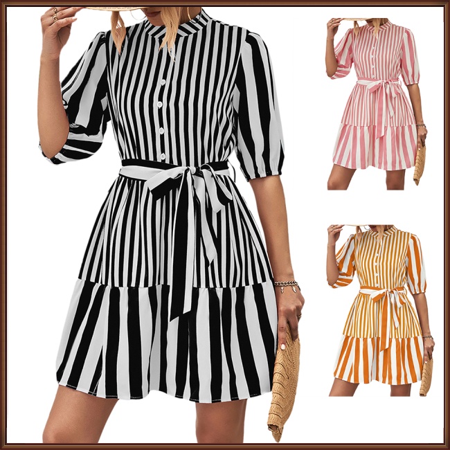 Đầm Midi Dáng Chữ A Tay Lửng Họa Tiết Kẻ Sọc Màu Nhuộm Phối Thắt Lưng Cài Nút Phía Trước Cho Nữ