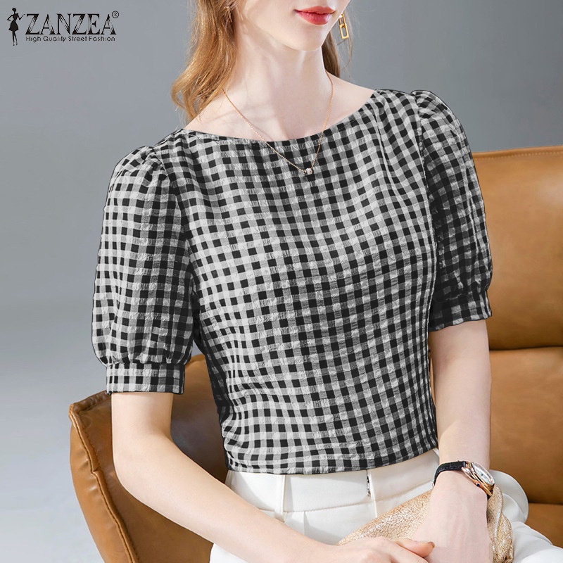 Zanzea Áo Sơ Mi Tay Ngắn Cổ Chữ O Họa Tiết Caro Phong Cách Bohemian Thời Trang Cho Nữ