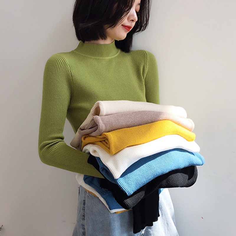 Áo Sweater Dệt Kim Cổ Cao 19 Màu Bơ Xanh Lá Cây Phong Cách Cơ Bản Mới Dễ Phối Đồ Cho Nữ