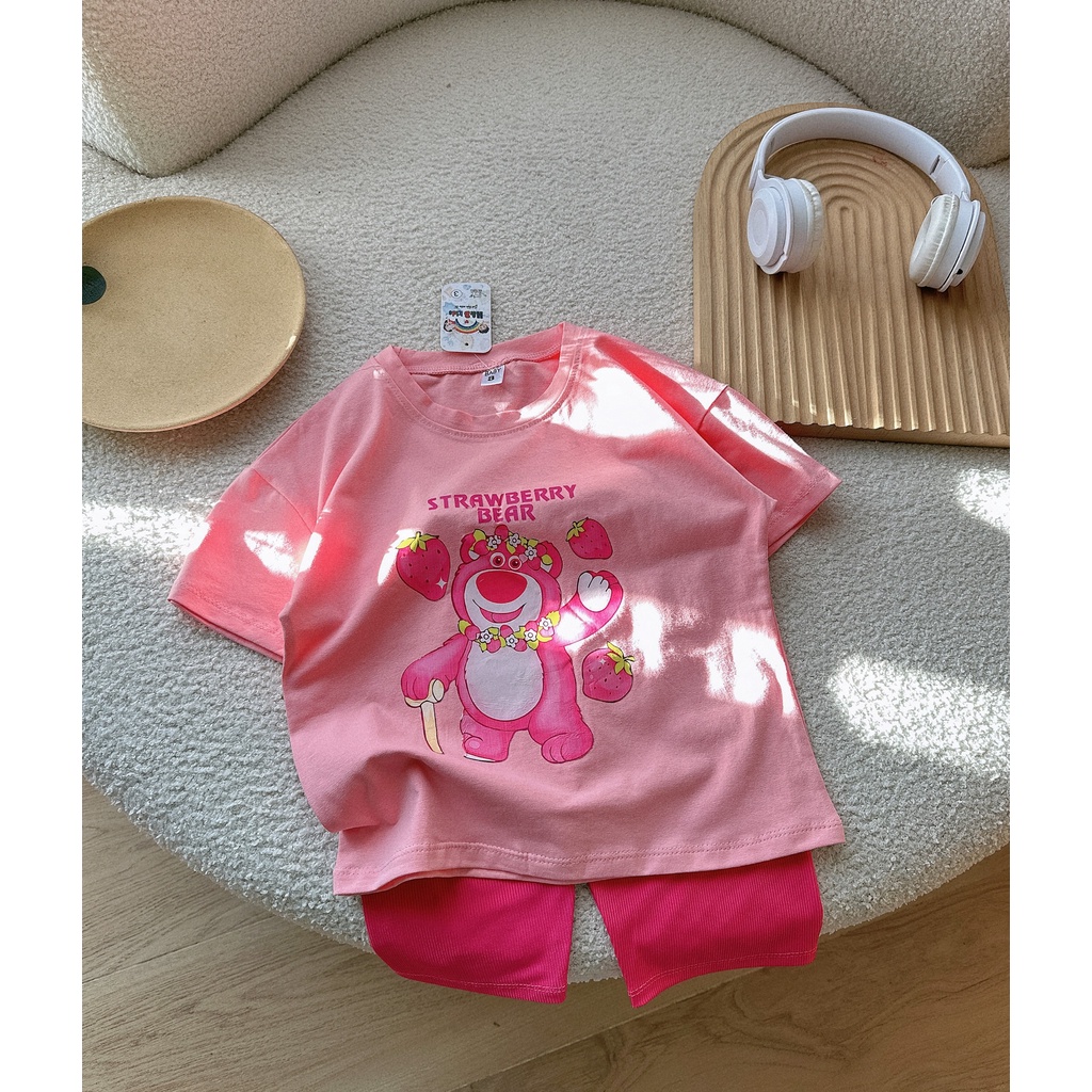 Set gấu dâu tây quần legging hồng bé gái