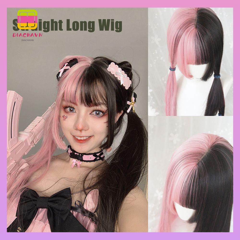 DIACHAVN Tóc Giả Dài Thẳng Màu Đen Hồng Phong Cách Harajuku Cho Nữ