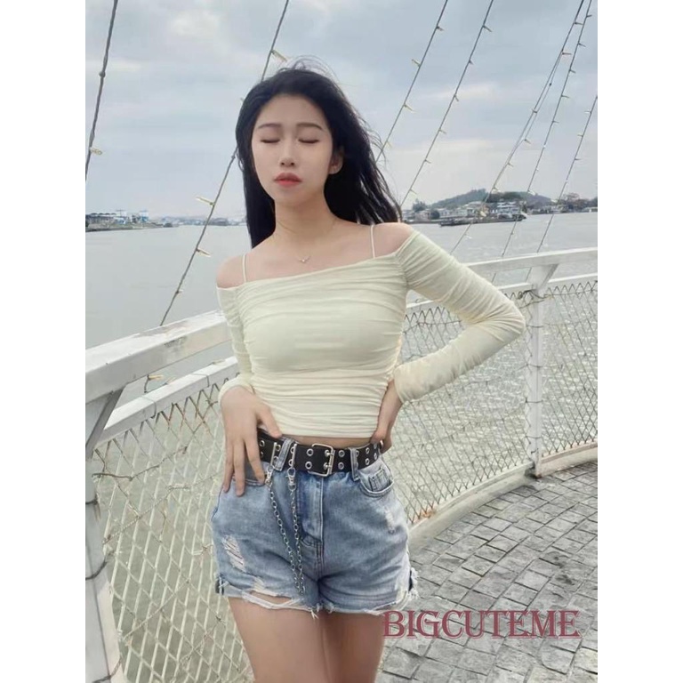 Áo Thun Crop Top Tay Dài Trễ Vai Màu Trơn Phong Cách Thời Trang Y2k Dành Cho Nữ