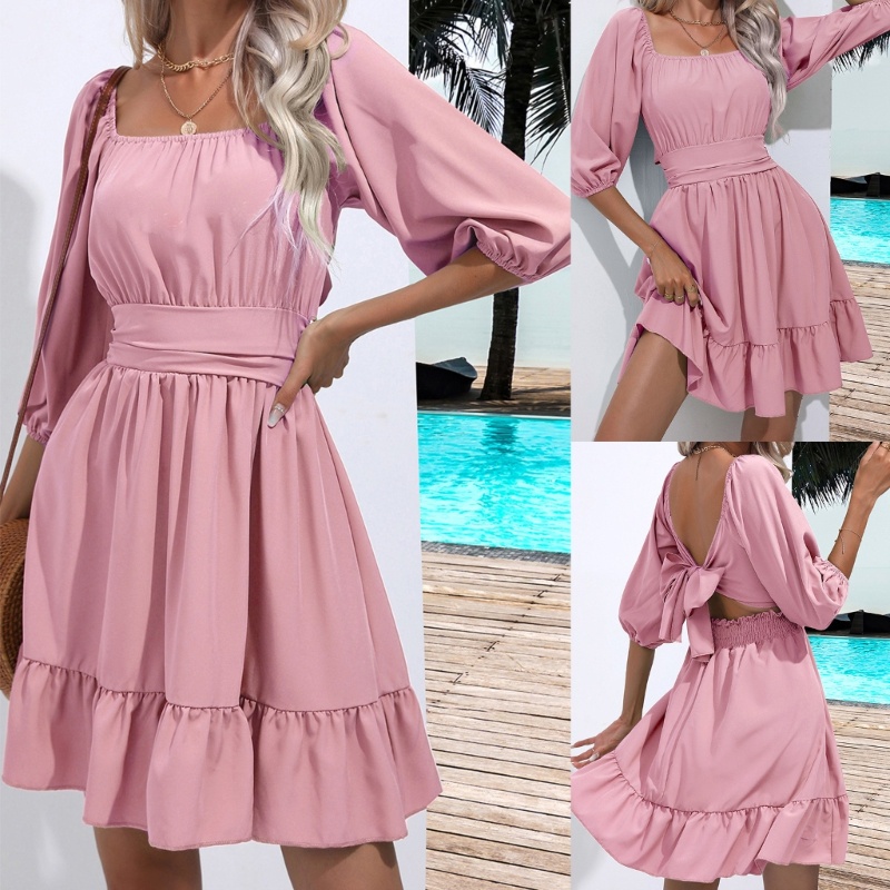 Đầm Ngắn Dáng Chữ A Tay Ngắn Phồng Cổ Vuông Hở Lưng Phối Bèo Eo Co Giãn Cho Nữ