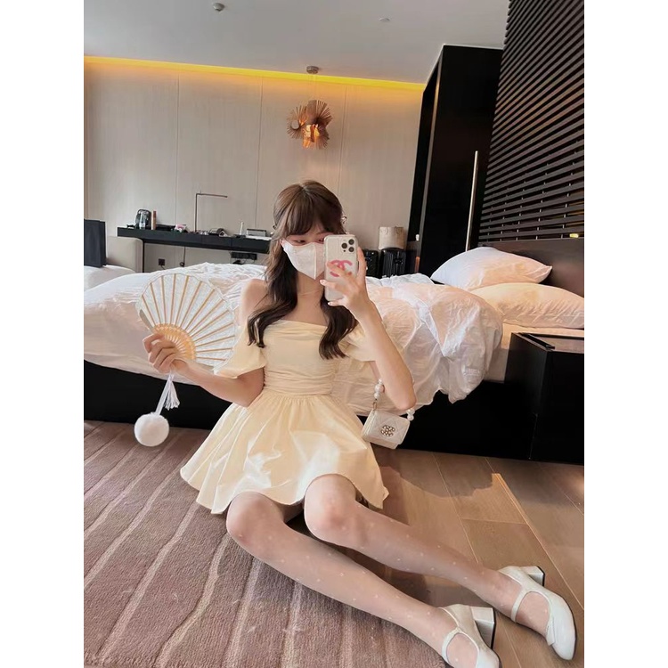 Đầm Tay Phồng Trễ Vai Eo Hẹp Phong Cách Pháp Thời Trang Cho Nữ