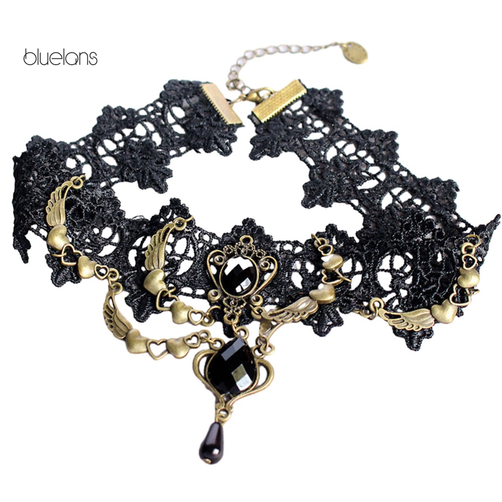 Vòng Cổ Choker Ren Màu Đen Gắn Đá Pha Lê Nhân Tạo Phối Tua Rua Phong Cách Gothic Punk Cho Nữ