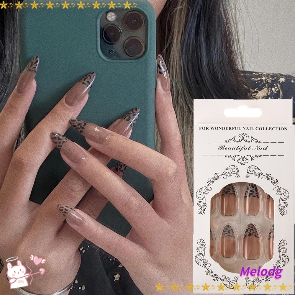MELODG Bộ 24 Móng Tay Giả Che Phủ Toàn Diện Họa Tiết Da Báo Thời Trang Cho Nữ