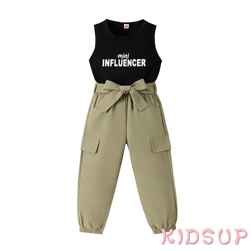 Set Đồ Mùa Hè 2 Món Gồm Áo Ba Lỗ Cổ Tròn In Chữ + Quần In Họa Tiết Kèm Thắt Lưng Cho Bé Trai / Gái