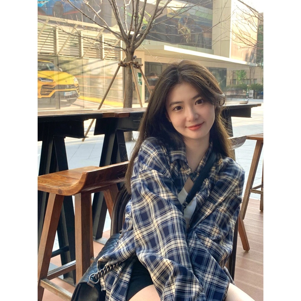 Áo Sơ Mi Caro Tay Dài Dáng Rộng Phong Cách Retro Dành Cho Nữ