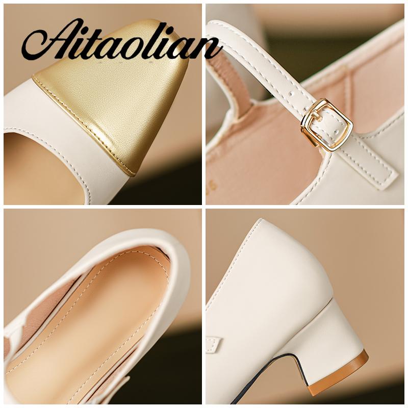 Giày Cao Gót 4cm Da Thật Mũi Vuông Kiểu retro Anh Xinh Xắn Cho Nữ