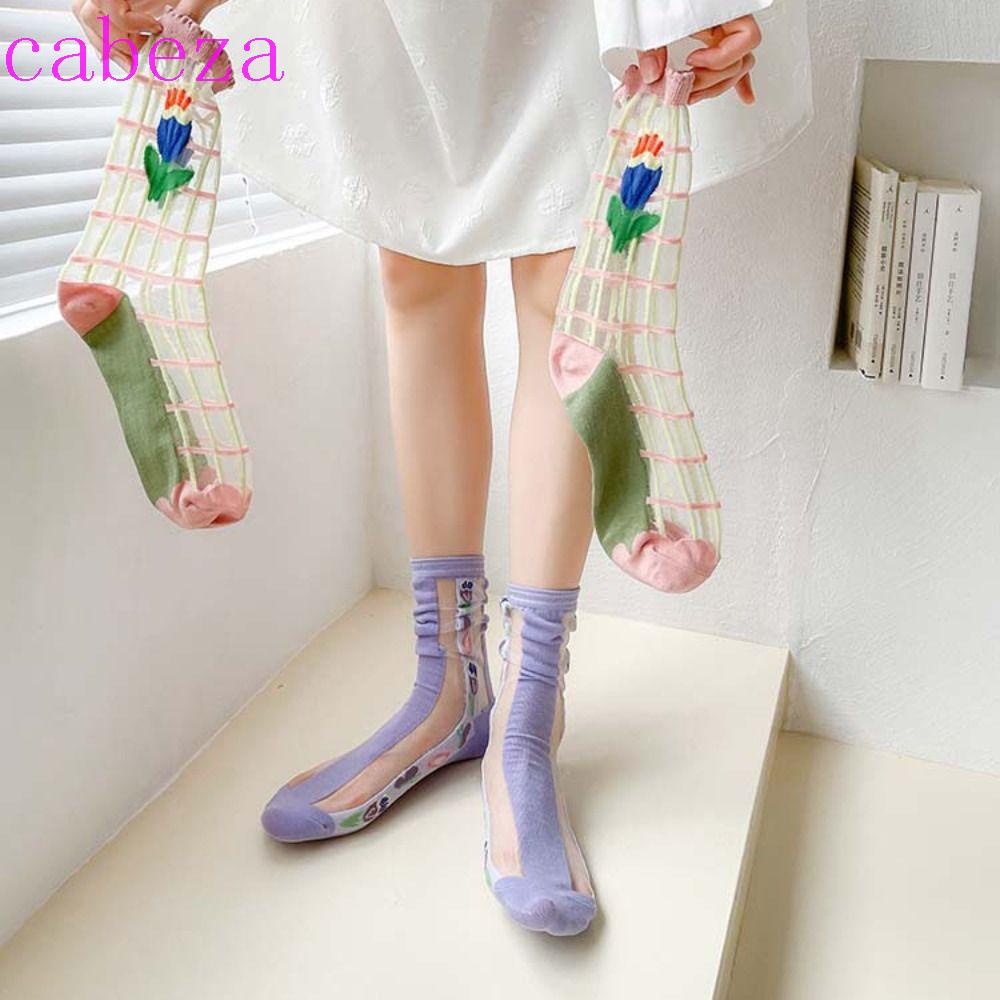 CABEZA Vớ Lụa Mỏng Thoáng Khí Họa Tiết Hoa Đơn Giản Phong Cách Harajuku Cho Nữ