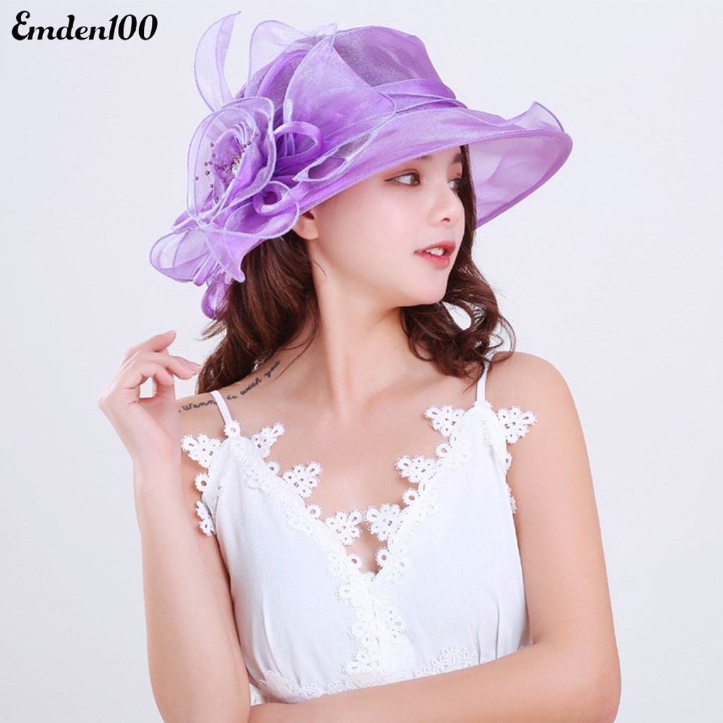 Mũ Vành Rộng Chống Nắng Đính Hoa Phối Lưới Thời Trang Đi Biển Cho Nữ