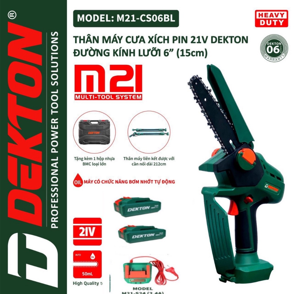 Máy cưa xích dùng pin DEKTON M21-CS06BL sử dụng chân pin thông dụng m21 GIÁ TỐT CHẤT LƯỢNG cm
