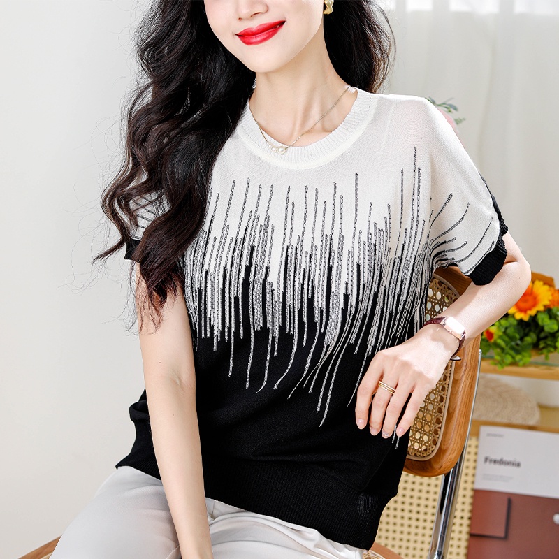 Multiplication mother western style ice silk t-shirt trung niên phụ nữ cao tuổi loose all-match cổ tròn size lớn