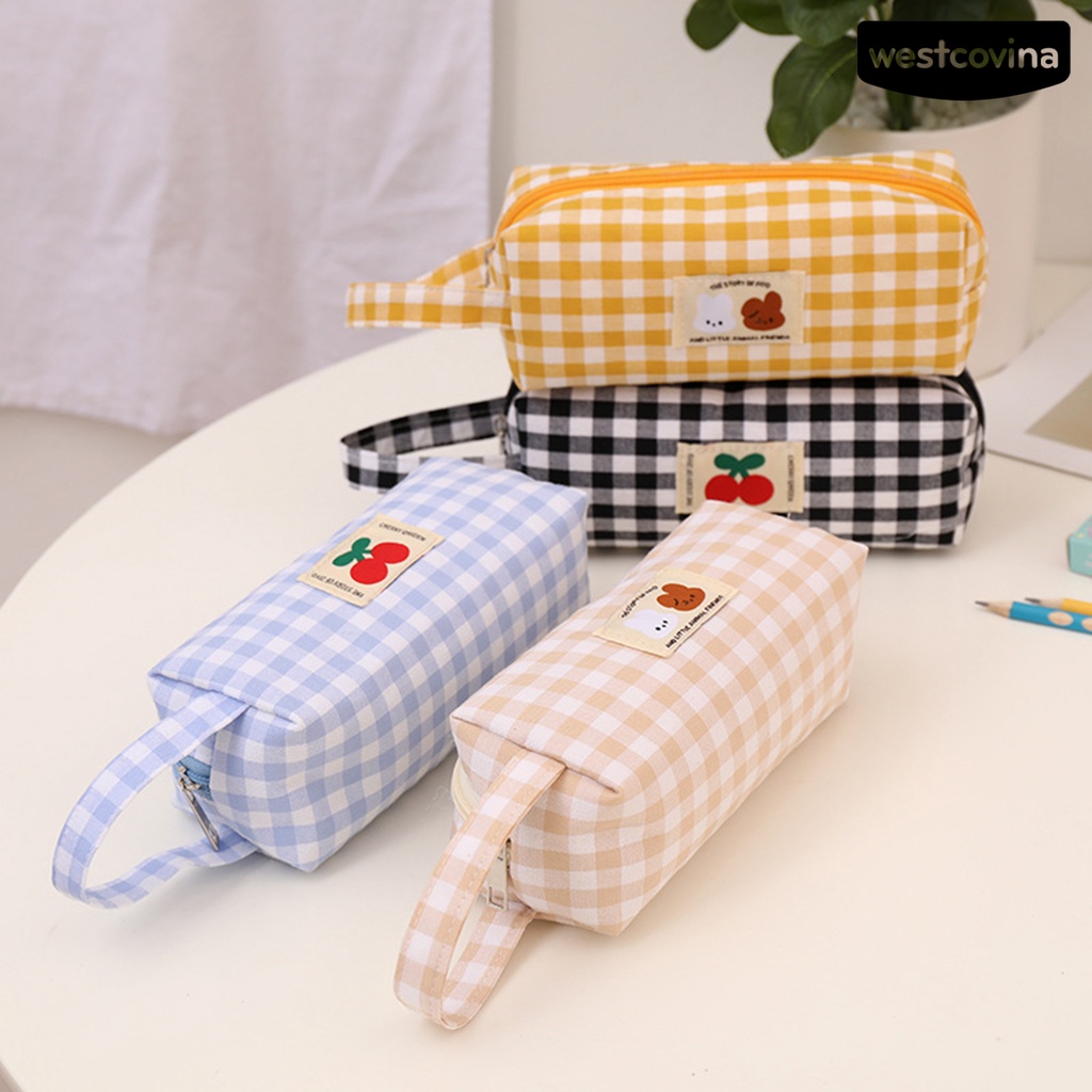 [WSTN] [WSTN]✎Túi Đựng Bút Chì Kẻ Sọc Caro Có Quai Cầm Và Khóa Kéo Dễ Thương Cho Bé