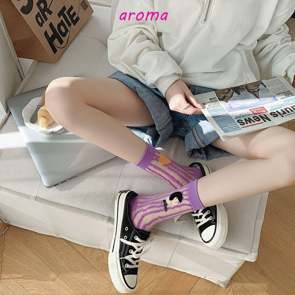 AROMA Vớ Cổ Trung Họa Tiết Kẻ Sọc In Chữ Đơn Giản Thời Trang Mùa Hè Phong Cách Hàn Quốc
