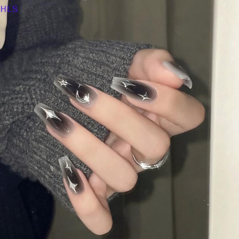 Bộ 24 Móng Tay Giả Bằng Acrylic Màu Đen Có Thể Tái Sử Dụng Y2k