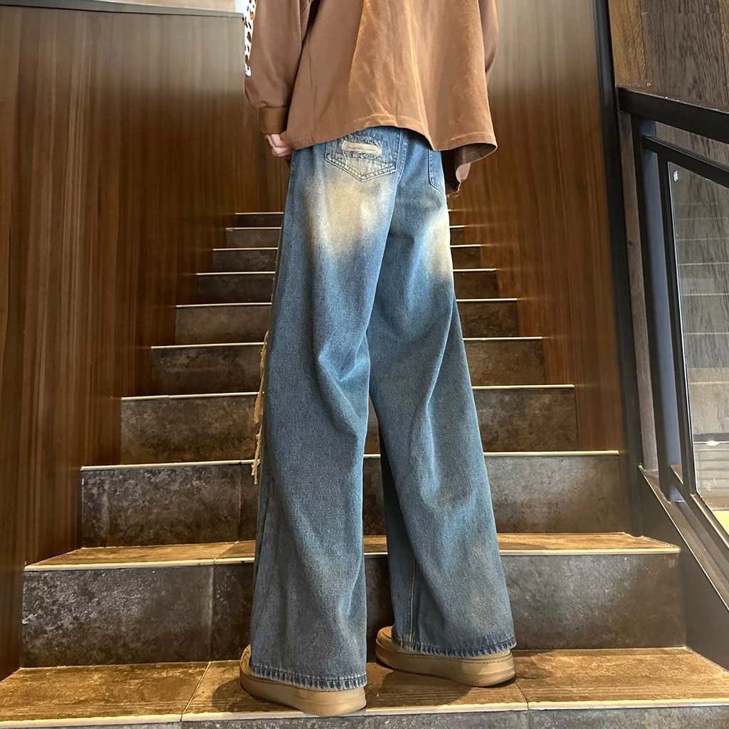 Quần Jean Dài Ống Rộng Phối Rách Kiểu Retro Đường Phố Thời Trang Mùa Hè Cá Tính