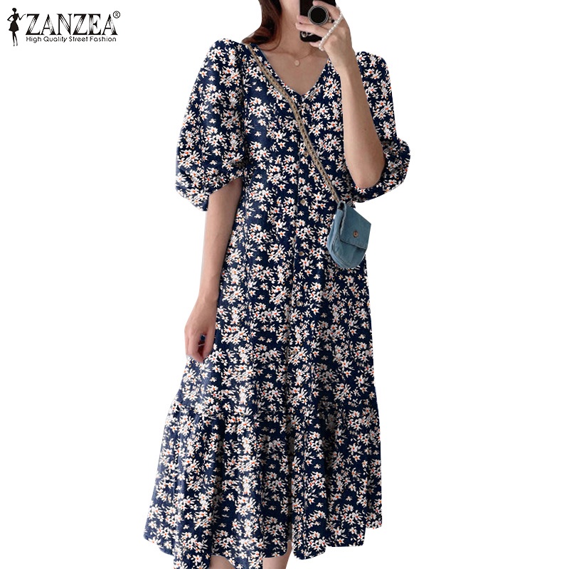 ZANZEA Đầm Tay Lửng Cổ Chữ V In Họa Tiết Hoa Thời Trang Hàn Quốc Cho Nữ